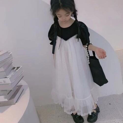 Girls Dress Japanese And Korean Style Fashon Pearl Mesh Lace High Waist Princess Dress 2021 Summer New Baby Kids Clothes
