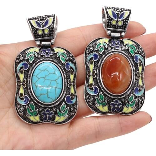 Natural stone Pendant Vintage Ethnic Bohemian Metal Alloy Exquisite charms For jewelry making DIY Necklace accessories 38x70mm