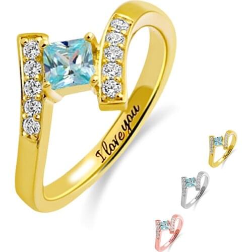 S925 Silver Custom Rings For Women Cubic Zircon Birthstone Womens Gift Jewelry Gold Color Ring Engraved Word 2 Rows White Stone