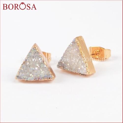 BOROSA Druzy Stone Earrings Gold Color Triangle Natural Stone Titanium Champagne AB Color Stud Earrings Gems for Women G0915