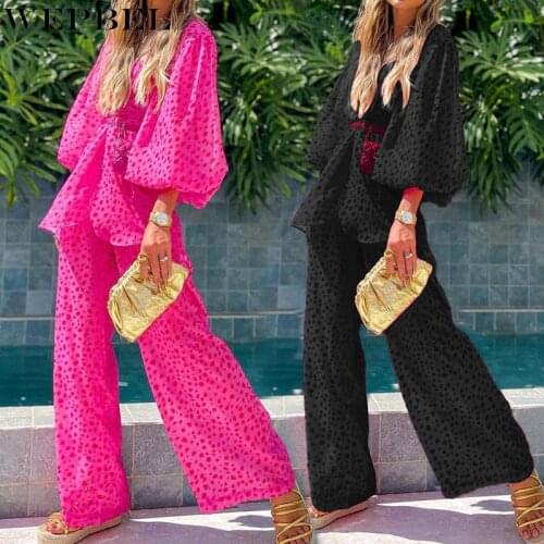 WEPBEL Women Elegant Long Pants Suit Set Outfits Ladies Casual Fashion Print Lantern Sleeve V Neck Shirt + Wide Leg Trouser Set