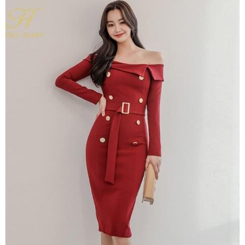 H Han Queen Autumn Slash neck Sexy Red Double-breasted Pencil Dress Lady Office Vestidos Sheath Bodycon Party Women Dresses