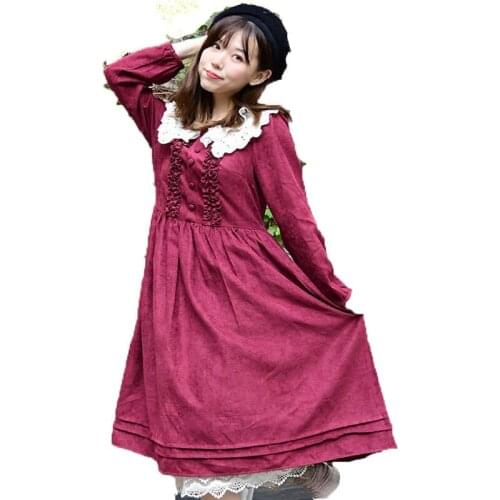 Japanese Style Bohemian Gothic Mori Girl Lolita Sweet Lace Embroidery Velet Cotton High Quality Long Sleeve Women Elegant Dress
