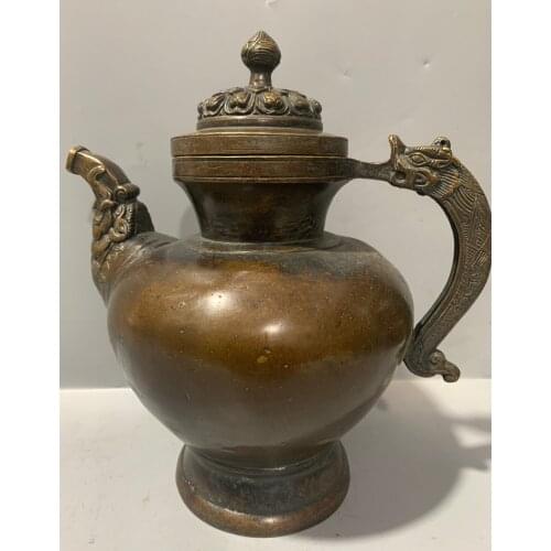 10"Tibet temple Old Bronze Cinnabar Lacquer Chinese Dragon Kettle Dragon mouth Dragon handle pot teapot flagon Town House