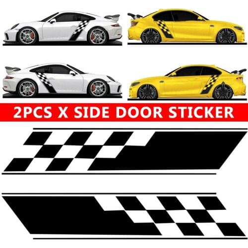 2pcs Black Vinyl Car Racing Plaid Hood Side Door Fender Stripes Decal Stickers DIY Film 130x24cm For Auto Truck SUV Accessories