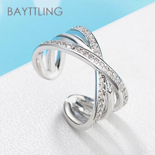BAYTTLING S925 Sterling Silver Fine Cross Zircon Open Ring For Woman Fashion Charm Wedding Jewelry Gift