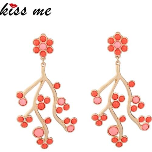 KISS ME Red & Green Acrylic Branch Flower Big Earrings Cute & Fashion Women Drop Earrings Brand Jewelry
