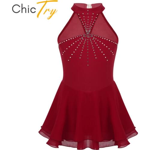 ChicTry Kids Dancewear Sleeveless Shiny Rhinestone Mesh Gymnastics Leotard Girls Ballet Dress Performance Figure Skating Costume