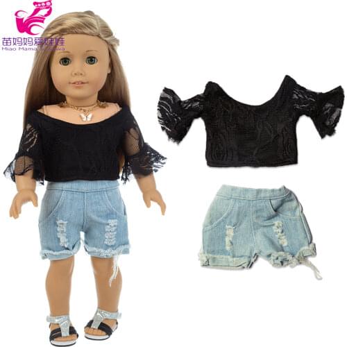 18" Girl Black Lace Shirt Jeans Short 43cm Baby Doll Lace Top Denim Pants for Toys Doll Wear