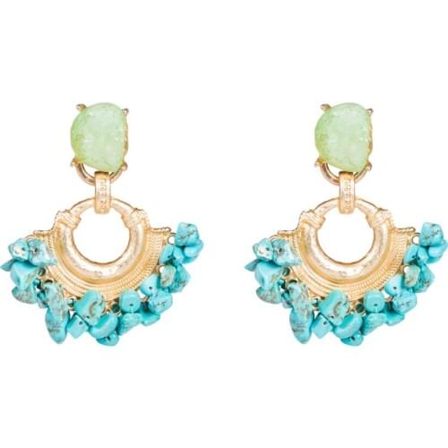 FYJS Unique Light Yellow Gold Color Irregular Shape Green Turquoises Stone Stud Earrings Bohemian Style Jewelry