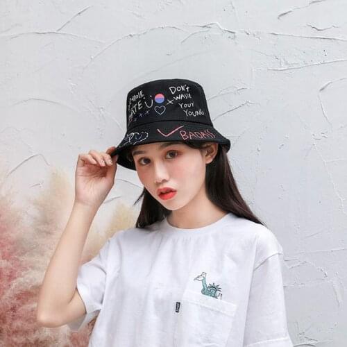 Women Men Summer Harajuku Outdoor Bucket Hat Korean Letters Heart Graffiti Printed Personality Hip Hop Fisherman Cap Streetwear