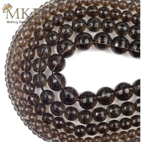 Natural Faceted Smoky Glass Quartz Crystal Stone Round Beads For Jewelry Making 6/8/10/12mm Spacer Loose Beads Diy Bracelet 15"