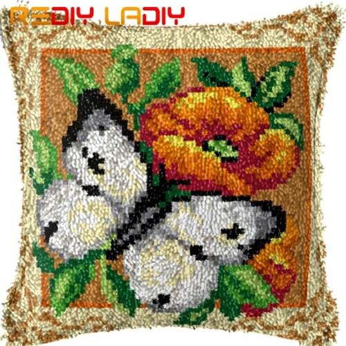 Latch Hook Cushion White Butterfly Printed Canvas Cushion Cover Acrylic Yarn Crochet Pillow Case Set Hobby & Crafts Home Decor