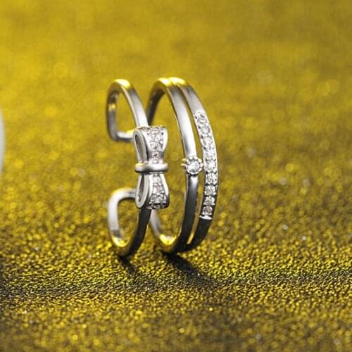 Lovely 925 Sterling silver Dazzling Zircon Micro CZ Openig Rings for Women Double Bowknot Multi-layer Jewelry anillos Resizable