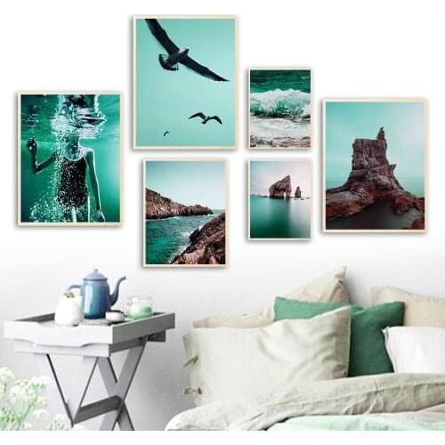 Sea Wave Stones Island Seagull Woman Sky Wall Art Canvas Painting Nordic Posters And Prints Wall Pictures For Living Room Decor