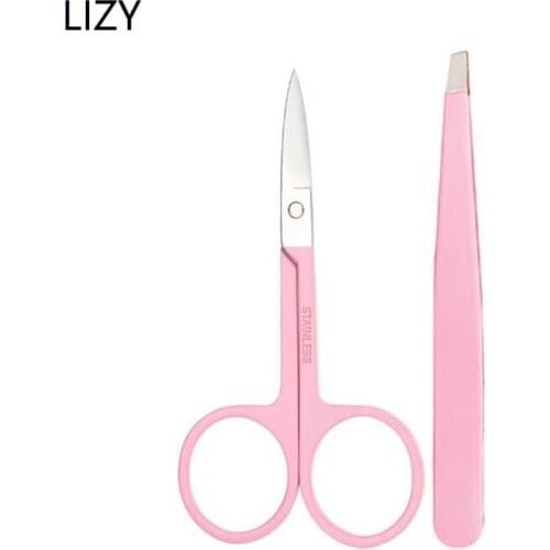 LIZY 2pcs 1.5mm Thick Stainless Steel Scissors Set Eyebrow Tweezer Professional Eyebrow Razor Eyelash Scissors Cosmetic Tool Kit