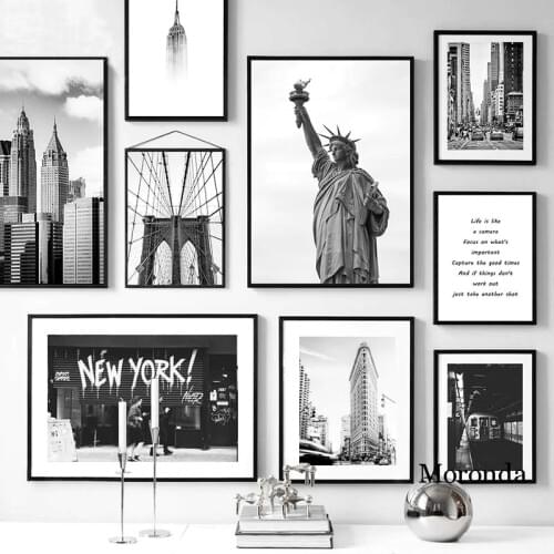 City Landscape Wall Art Prints Illustration New York Statue of Liberty Picture Black and White Poster Wall Art Decor Paintings
