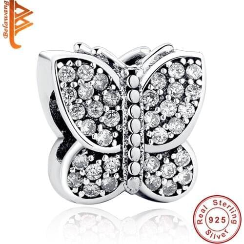 Wholesales Fashion Butterfly Charm With White Crystal Real 925 Sterling Silver Bead Fit Original Bracelet For DIY Women Jewelry