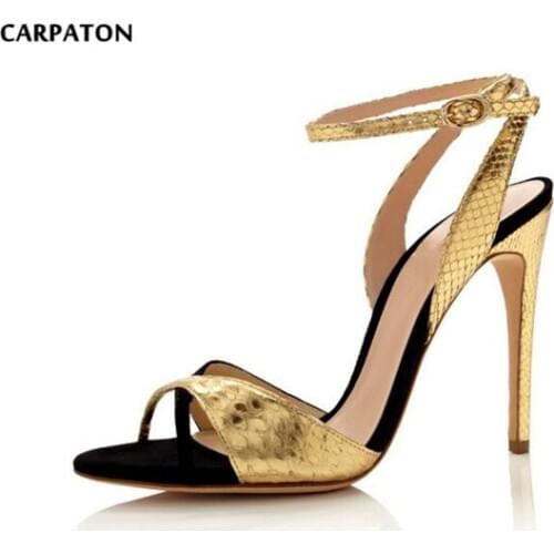 Carpaton Explosive Patent Leather Snake Sequins Style Pointed Toe Ankle Buckle Sling Back model Women High- Heeled sandals