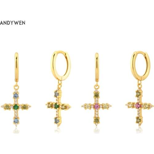 ANDYWEN 925 Sterling Silver Rainbow CZ Cross Pendiente Drop Earring Luxury Loop Circle Wedding Jewelry For Rock Punk Party Gifts