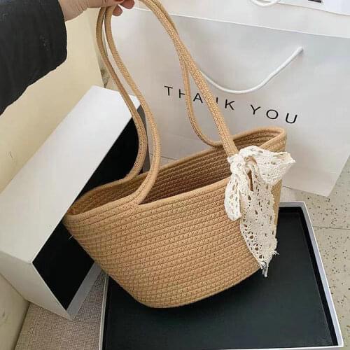 Bohemia Lace Bow Straw Woven Women Shoulder Bag Casual Large Capacity Women Handbags Summer Beach Straw Tote Bags for Women 2021