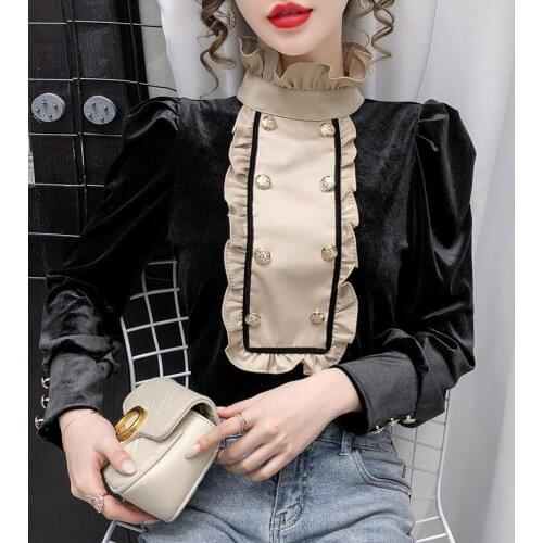 Spring new style retro palace style hit color wood ear stitching stand collar double breasted temperament velvet shirt women