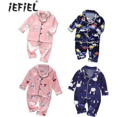 Spring Kids Long Sleeve Cartoon Sleepwear Set Satin Silk Pajamas Set Boys Pyjamas Sets for Kids Home Wear Girls Pajamas Sets