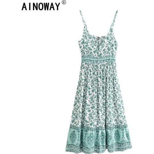 Vintage chic women green floral print sleeveless beach Bohemian maxi dress Ladies v-neck tassel rayon cotton Boho dress vestidos