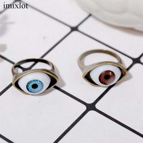 Imixlot 2PCS/Set Punk Brown And Blue Eyeball Rings For Men Women Unisex Evil Eye Vintage Halloween Jewelry