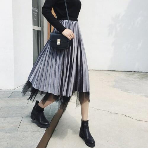 TingYiLi Irregular Velvet Tulle Pleated Skirt Autumn Winter Two Sides Wear Women Long Skirt Korean Fashion Champagne Black Skirt