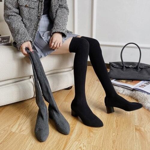 Comfortable High Socks Boots Women Pointed Toe Knitting Over The Knee Boots Thick Heels Knee High Boots Autumn Botas Mujer