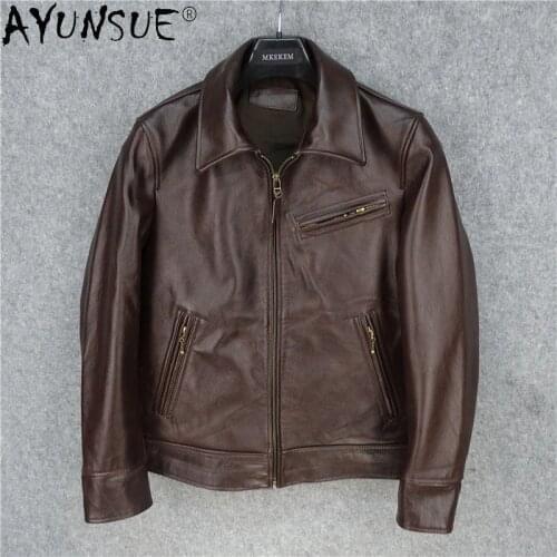 AYUNSUE Real Cowhide Leather Jacket Men Clothing Retro Clothes Male Autumn Mens Coat Short Bomber Jackets Ropa Hombre LXR512