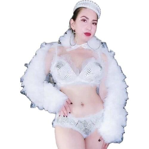 White Rhinestones Mesh Gauze Fur Decoration Bikini Sets Nightclub Dance Show Wear Ladies Dance Costume Performance Suit