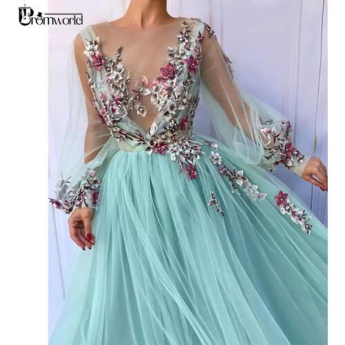 Turquoise Illusion Long Sleeves Evening Dresses 2020 Robe De Soiree Formal Prom Dress 3D Flowers Tulle A-Line Evening Gowns