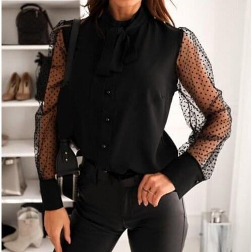 Blouse Women See Through Dot Print Mesh Long Sleeve Buttons Bowknot Shirt Blouse Top