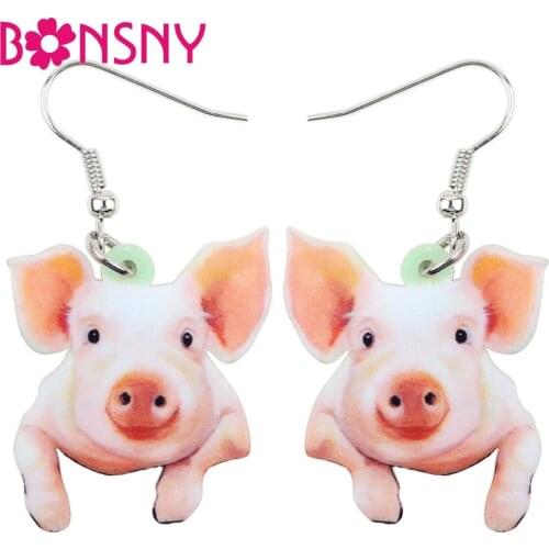 Bonsny Acrylic Dangle Cartoon Funny Pig Piggy Drop Earrings Big Long Novelty Animal Jewelry For Girls Women Wholesale 2018 News