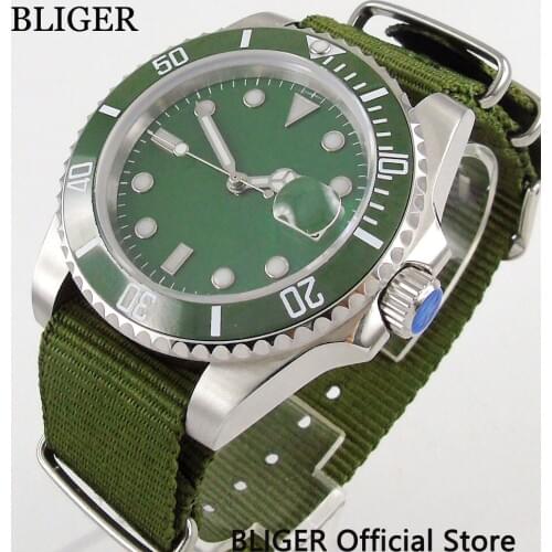 Casual BLIGER 40MM Green Sterile Dial Ceramic Bezel Luminous Marks Sapphire Glass MIYOTA Automatic Movement Mens Watch B111