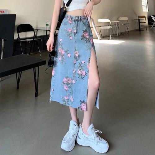 Plus size denim skirt female new summer skirt high waist denim mid-length skirt one-step split hip skirt