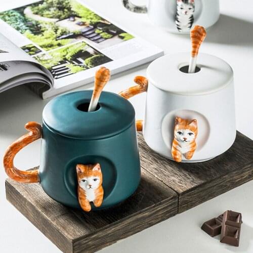 Ceramic Cup with Lid Spoon Large Capacity Coffee Mug Cute Cat Cartoon Three-dimensional Embossed Mug Office Water Cup Gift Cup