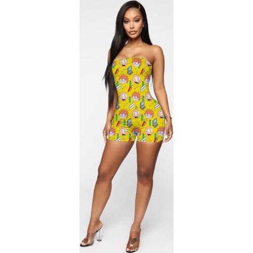 OMILKA Strapless Cartton Printed Playsuits 2020 Summer Women Sleeveless Elastic Club Party Street Hip Hop Short Jumpsuits