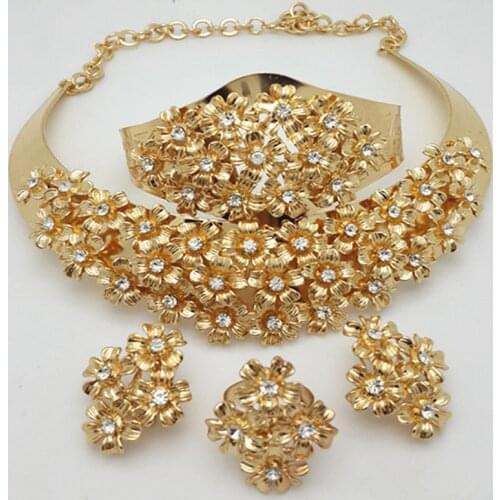 Longqu 2020 African Wedding Jewelry Sets Fashion Necklace Earrings Ring Bracelet Crystal Jewelry set Charms Flower Shape Jewelry