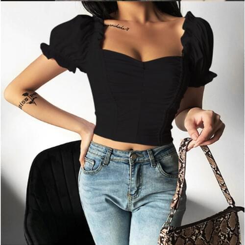 Summer Puff Sleeve Square Collar Low Cut Push Up Ruffles Short Tank Top Short Top White Women Sexy Crop Tops