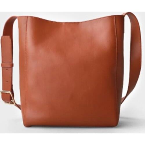 Leather parsimonium bucket bag head layer cowhide wide strap bucket bag cross-slung shoulder bag