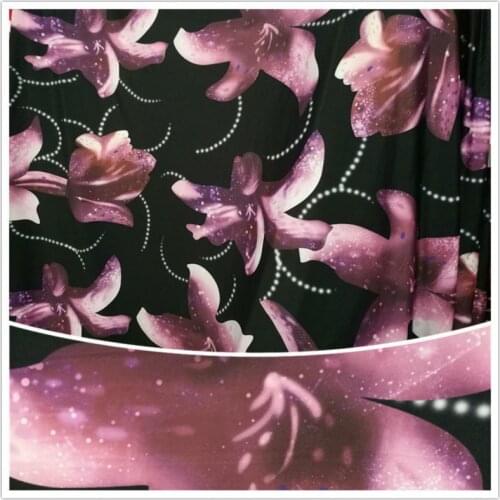 Soft milk silk black background pink lily flower pattern cloth fabric for sewing Latin dance DIY Fabric Material 1Meter