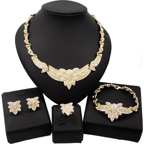 Yulaili Women African Jewelry Sets Gold Color Crystal Bridal Wedding Elegant Romantic Necklace Earrings Bangle Ring Jewelery Set