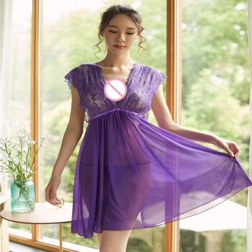 Pink/White/Purple 2018 New Hot Sexy Women Fashion Split Pajamas Lace Deep V Transparent Sleepwear Full Slips M-XL