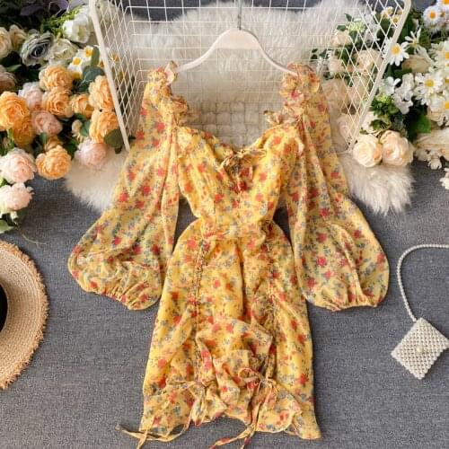 GLAUKE Korea yellow print dress hubble-bubble sleeve vintage dress 2020 elegent split Femme Dresses party gothic clothes casual