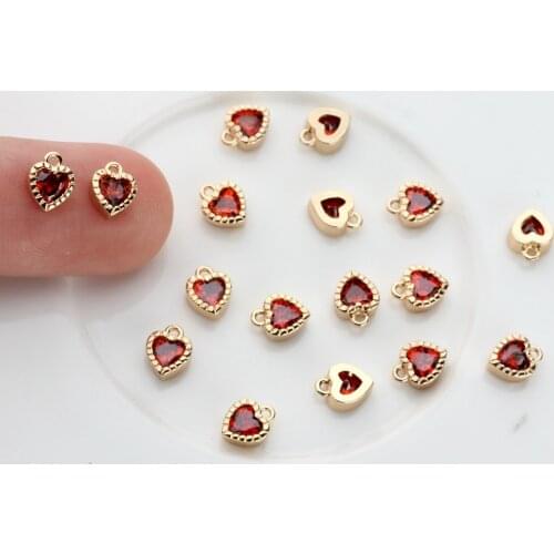 Copper 14K Gold Plated Inlaid Zircon Mini Red Heart Charms 6pcs/lot 5.2mm For DIY Fashion Jewelry Making Finding Accessories