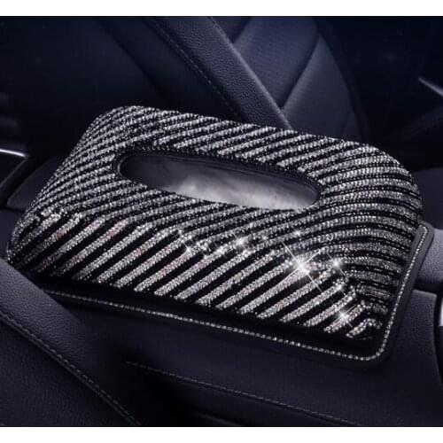 Full Diamond Crystal Leather Glitter Rhinestones Car PU Leather Tissue Box Auto Clip Holder Paper Napkin Accessories