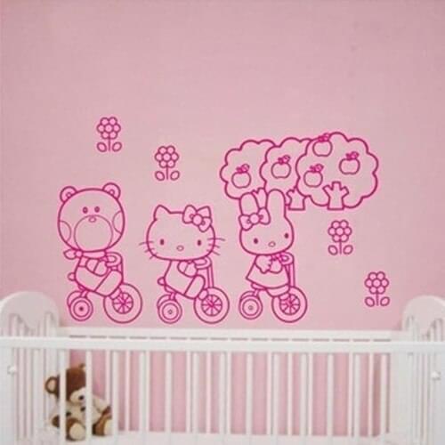 Pink Hello Kitty Printed Kids Room Decoration Wall Decor Pvc Sticker-Pink Cartoon Wall Sicker-Kids Room Wallpaper